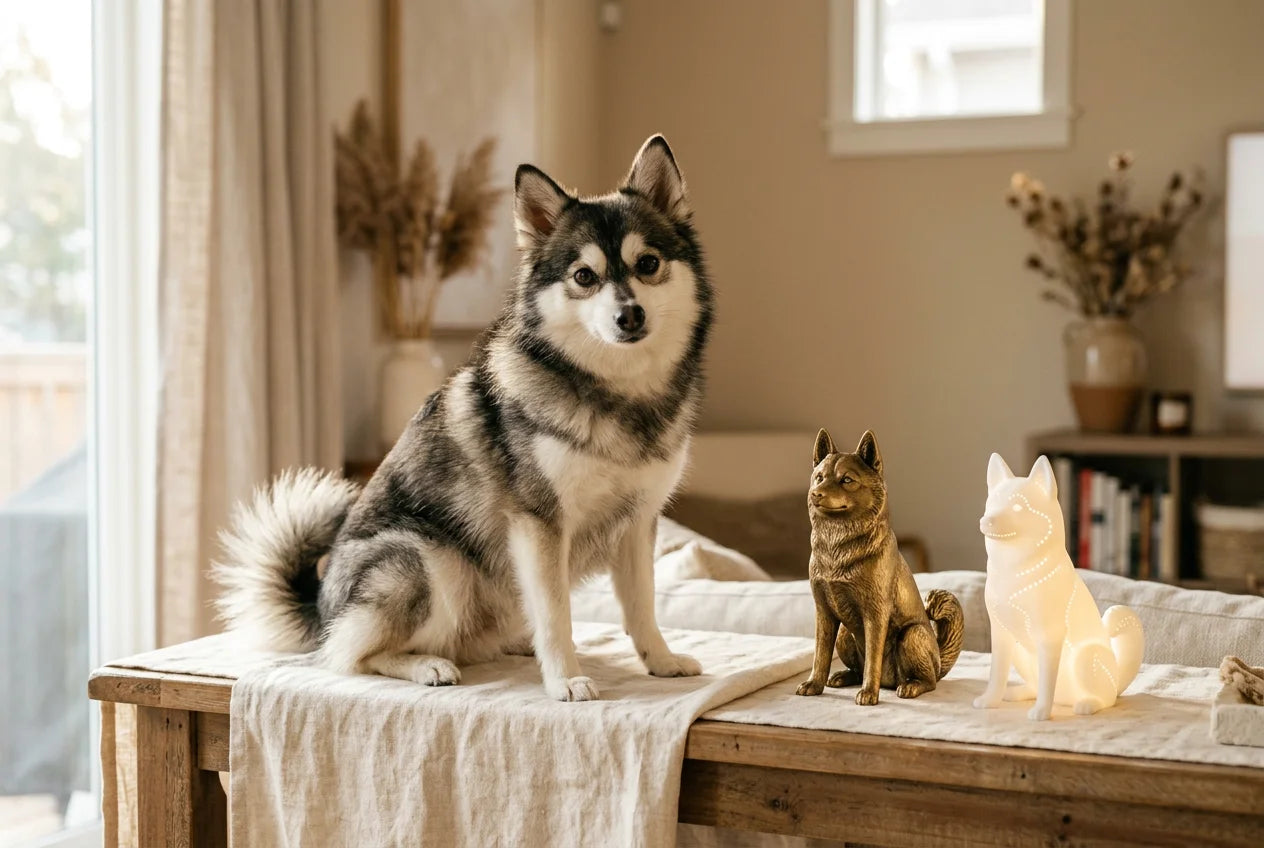 Alaskan Klee Kai dog in a warm editorial interior with handcrafted sculpture and luminary