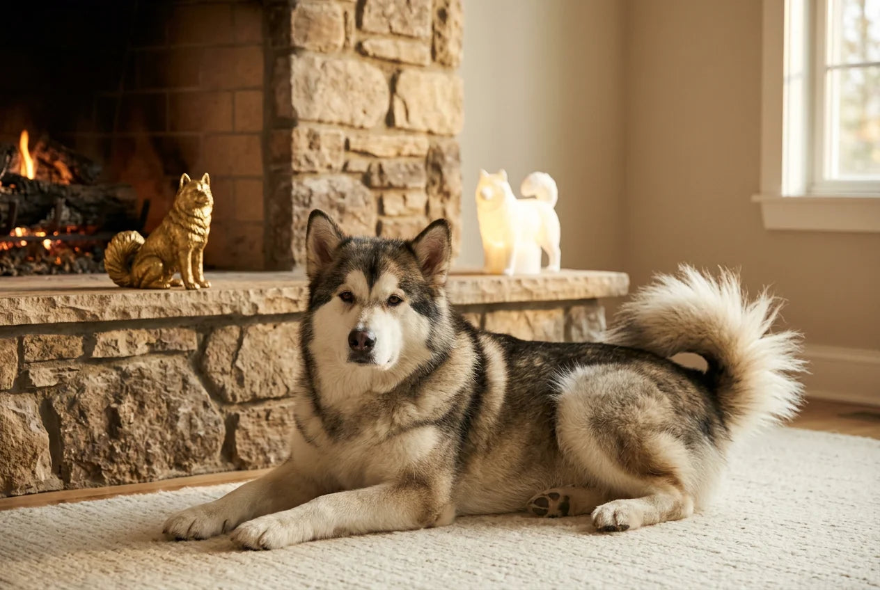 Alaskan Malamute dog in a warm editorial interior with handcrafted sculpture and luminary