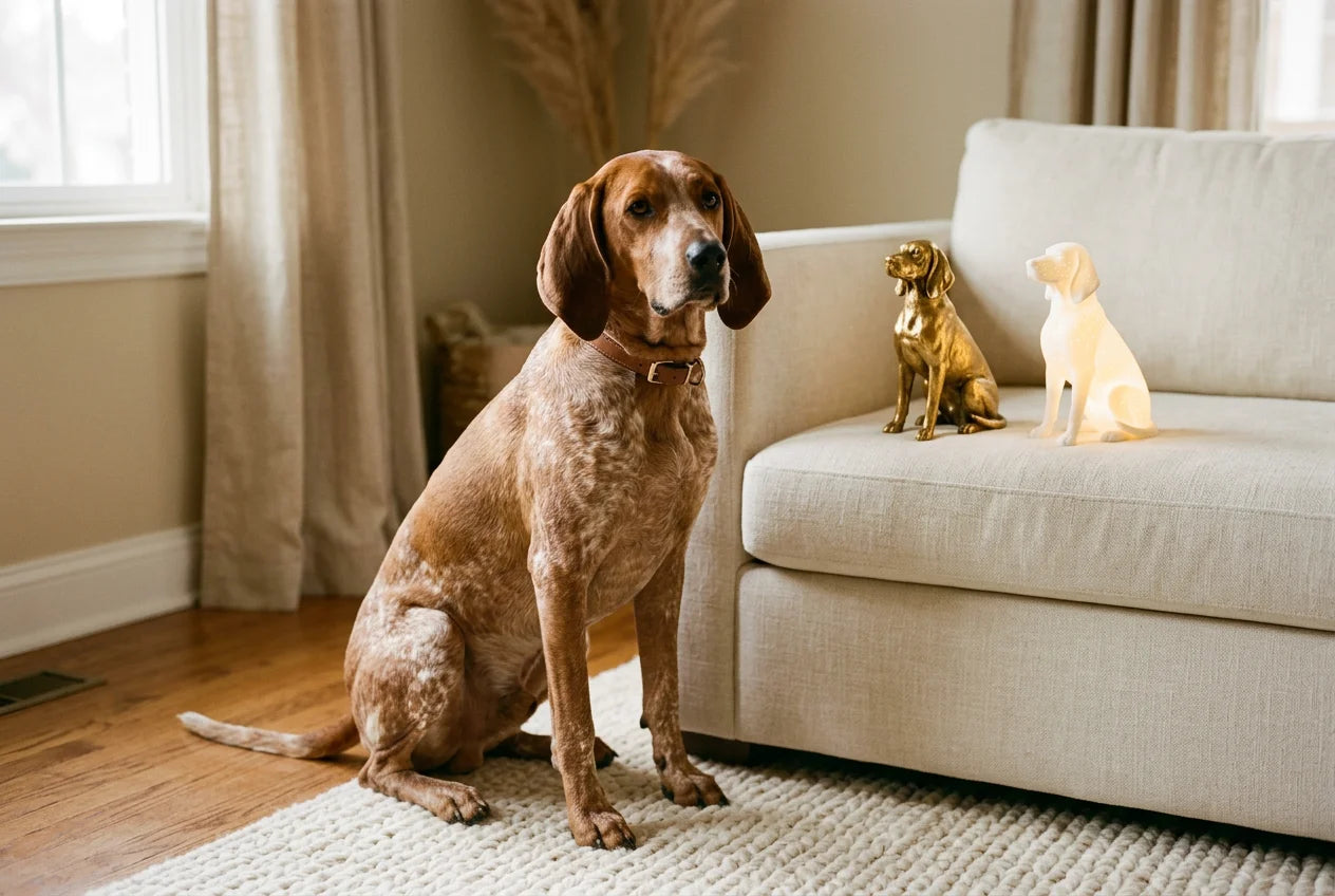 American English Coonhound dog in a warm editorial interior with handcrafted sculpture and luminary