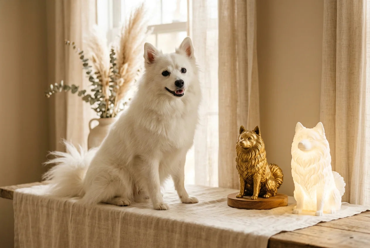 American Eskimo Dog dog in a warm editorial interior with handcrafted sculpture and luminary