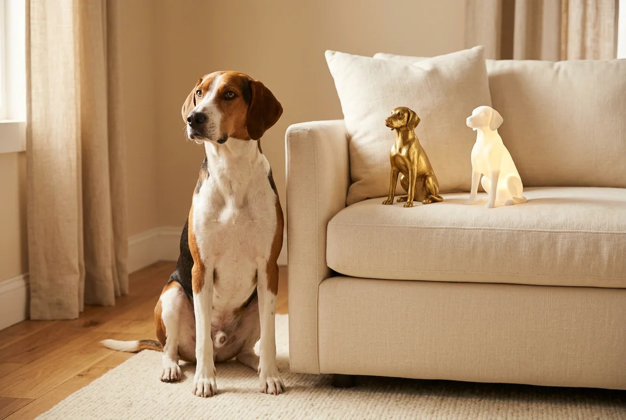 American Foxhound dog in a warm editorial interior with handcrafted sculpture and luminary