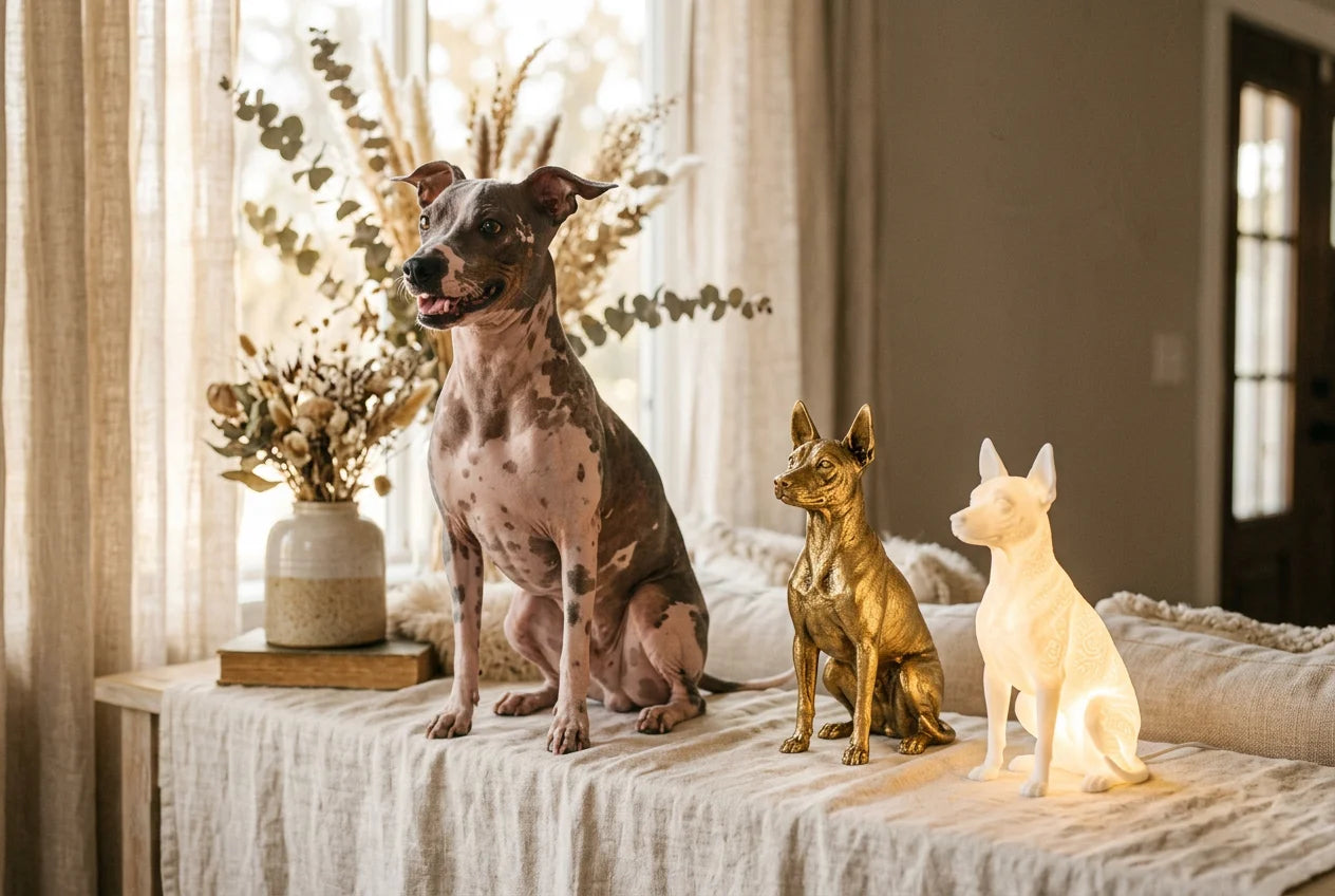 American Hairless Terrier dog in a warm editorial interior with handcrafted sculpture and luminary