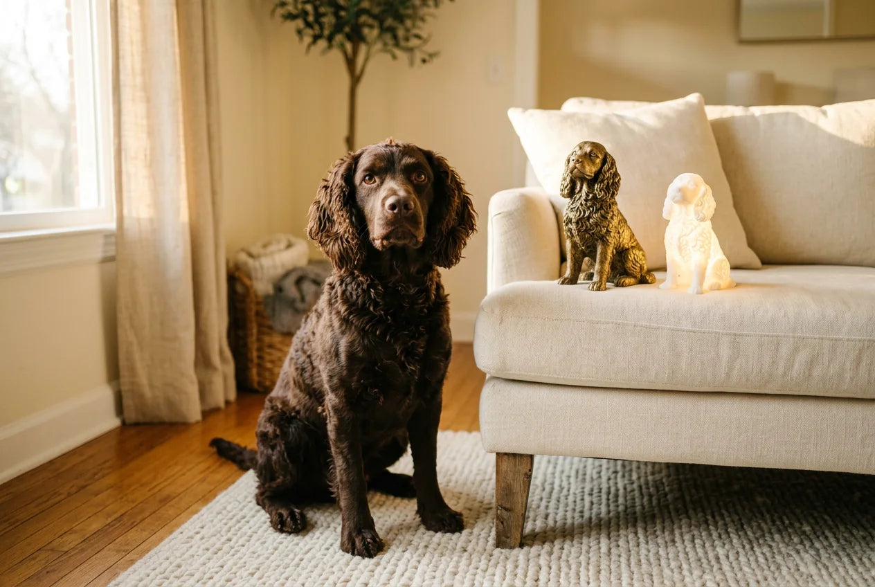 American Water Spaniel dog in a warm editorial interior with handcrafted sculpture and luminary