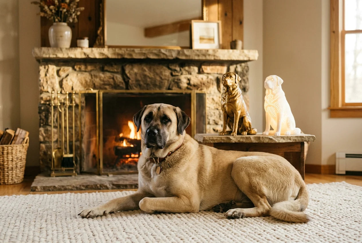 Anatolian Shepherd dog in a warm editorial interior with handcrafted sculpture and luminary