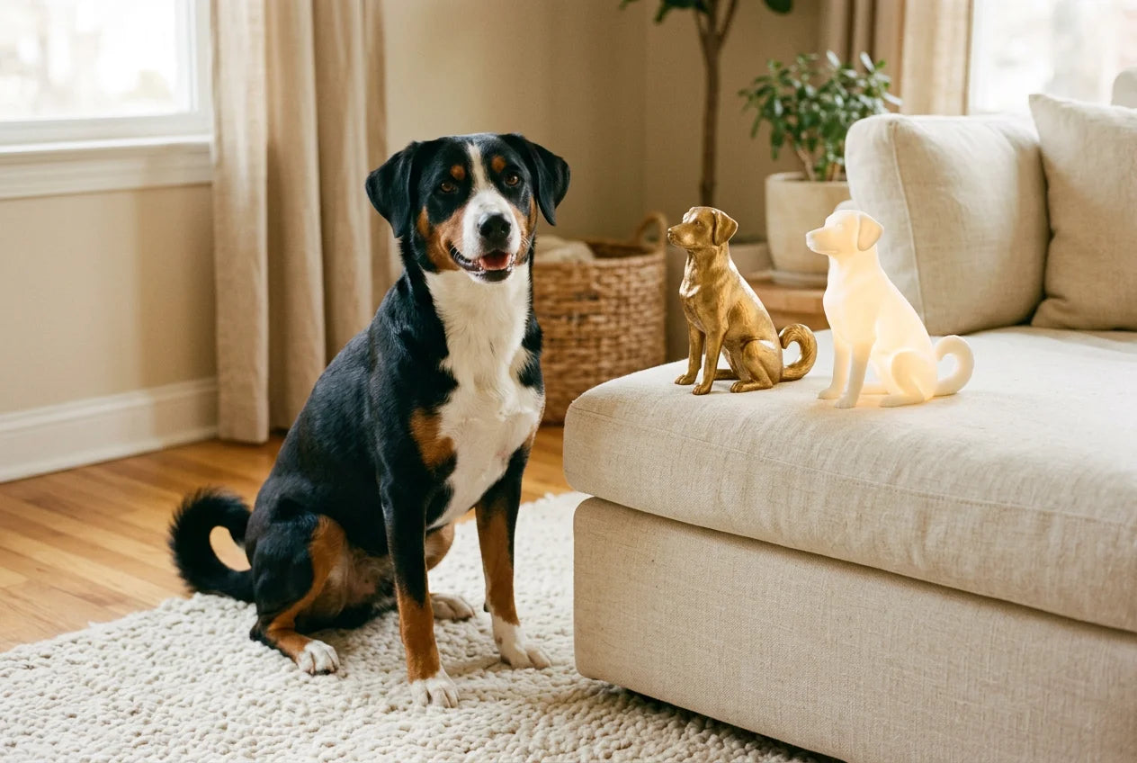 Appenzeller Sennenhund dog in a warm editorial interior with handcrafted sculpture and luminary