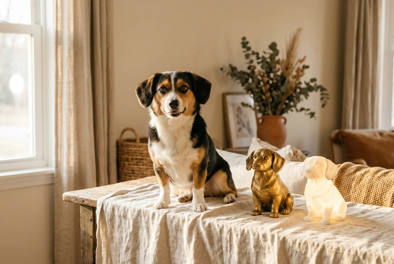 Augie dog in a warm editorial interior with handcrafted sculpture and luminary