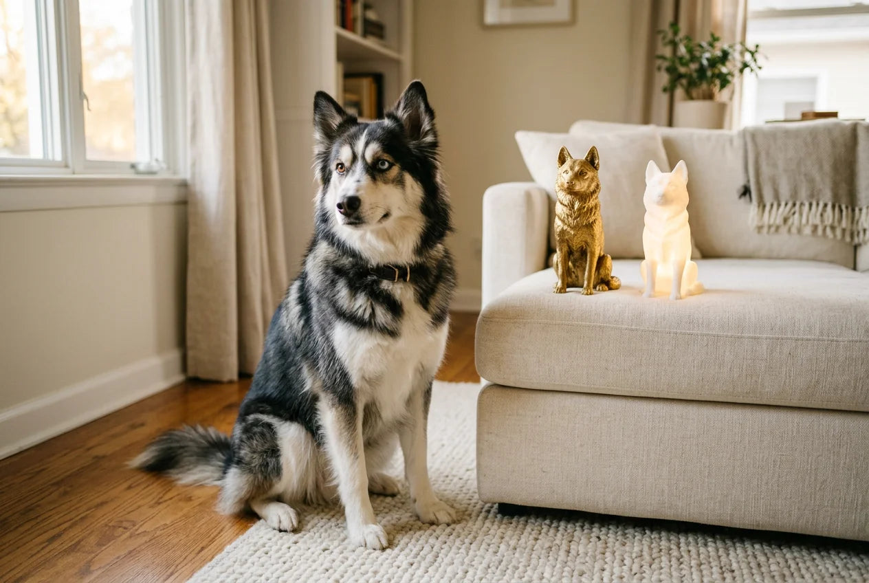 Ausky dog in a warm editorial interior with handcrafted sculpture and luminary