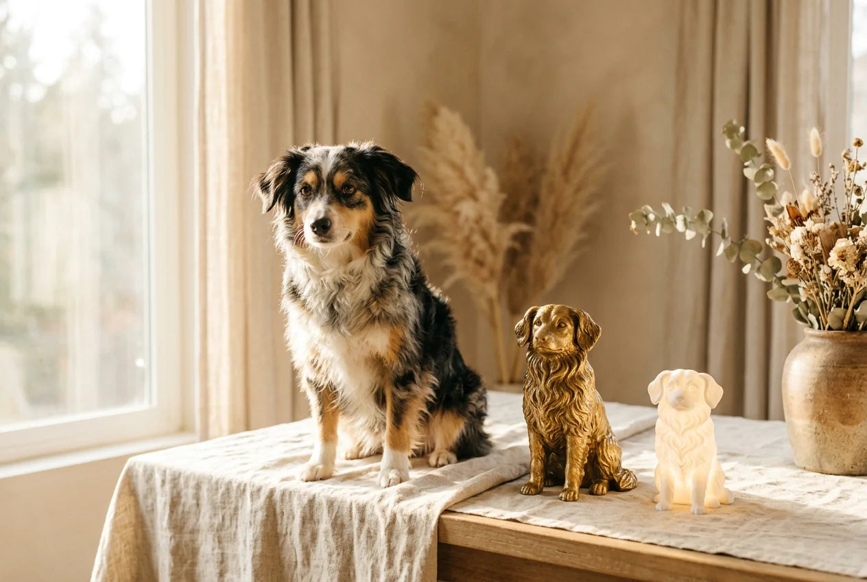 Aussalier dog in a warm editorial interior with handcrafted sculpture and luminary