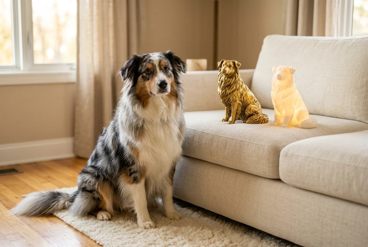 Aussie Collie dog in a warm editorial interior with handcrafted sculpture and luminary