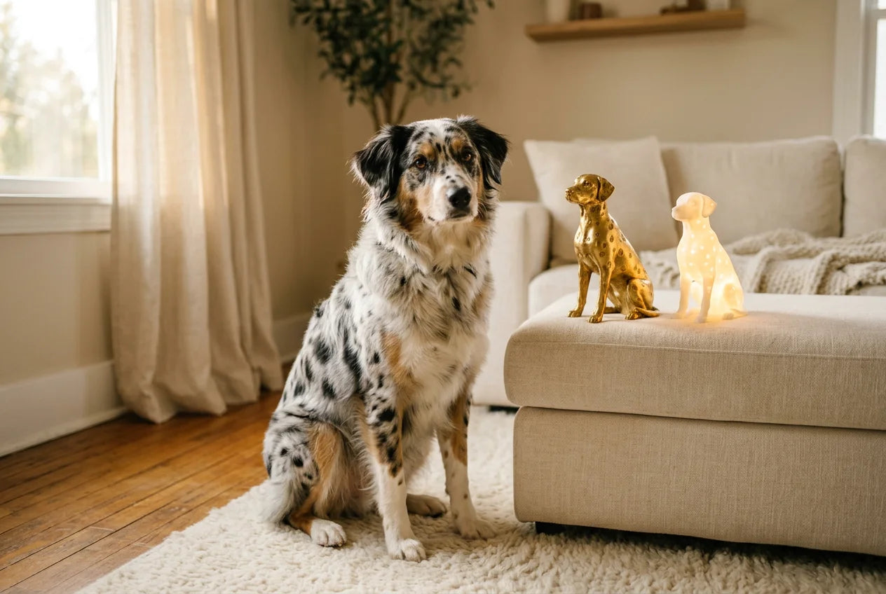 Aussie Dalmatian dog in a warm editorial interior with handcrafted sculpture and luminary