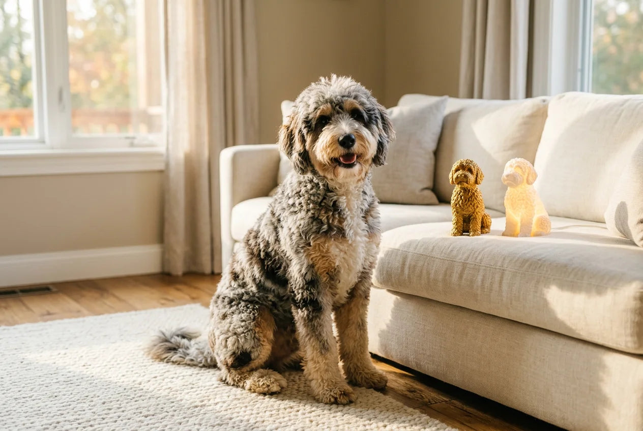 Aussie Mountain Doodle dog in a warm editorial interior with handcrafted sculpture and luminary