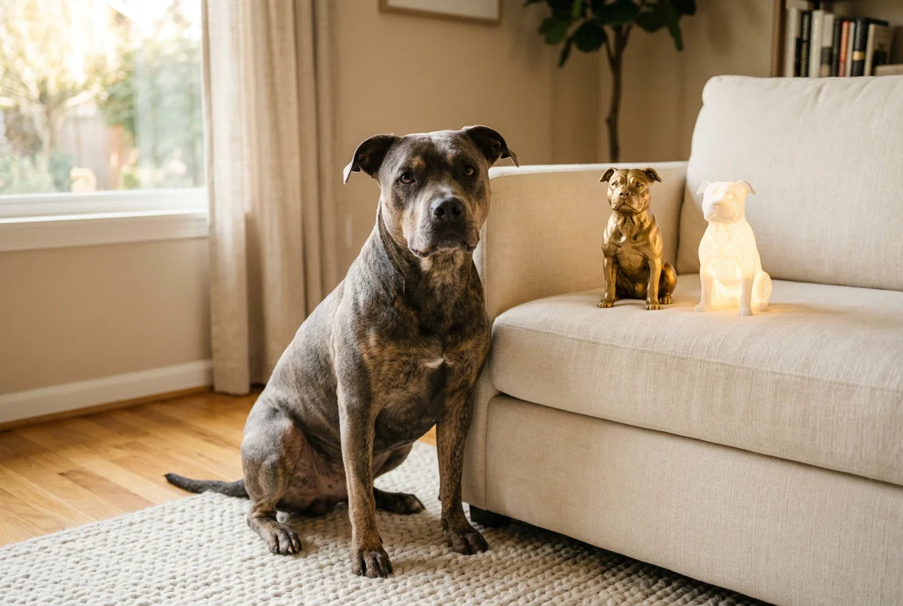 Aussie Pit dog in a warm editorial interior with handcrafted sculpture and luminary