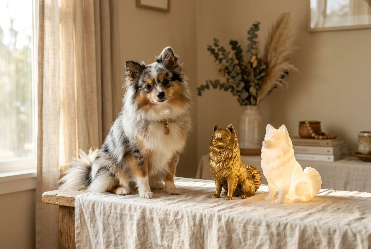 Aussie Pom dog in a warm editorial interior with handcrafted sculpture and luminary