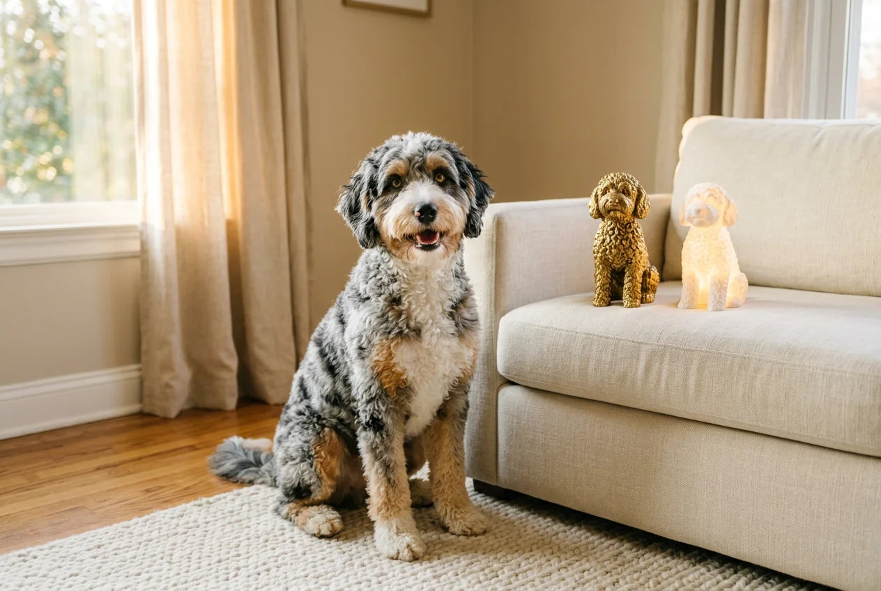 Aussiedoodle dog in a warm editorial interior with handcrafted sculpture and luminary