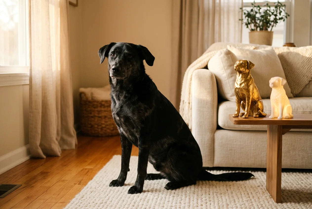 Aussiedor dog in a warm editorial interior with handcrafted sculpture and luminary