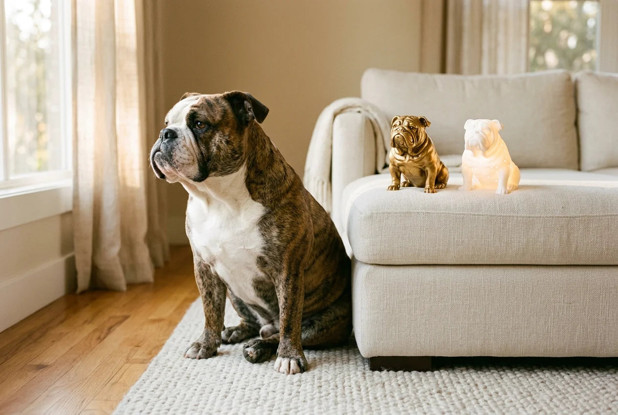 Australian Bulldog dog in a warm editorial interior with handcrafted sculpture and luminary