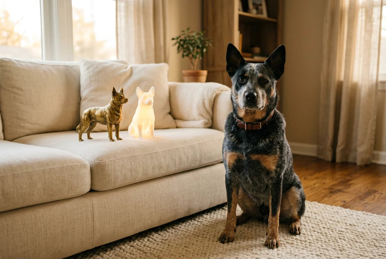 Australian Cattle Dog dog in a warm editorial interior with handcrafted sculpture and luminary