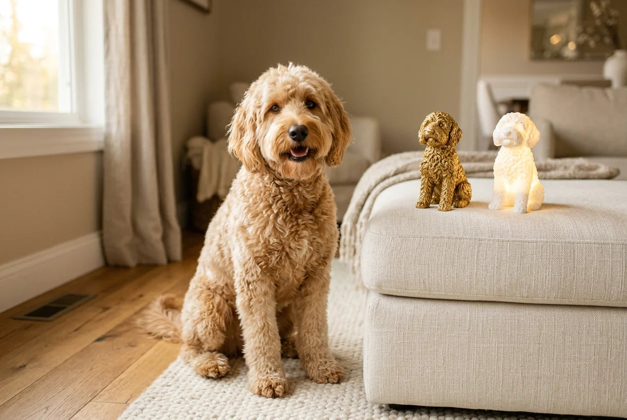 Australian Labradoodle dog in a warm editorial interior with handcrafted sculpture and luminary