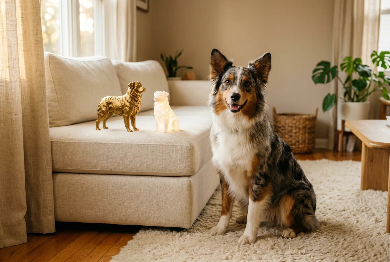 Australian Shepherd dog in a warm editorial interior with handcrafted sculpture and luminary