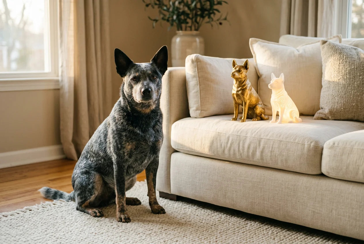 Australian Stumpy Tail Cattle Dog dog in a warm editorial interior with handcrafted sculpture and luminary