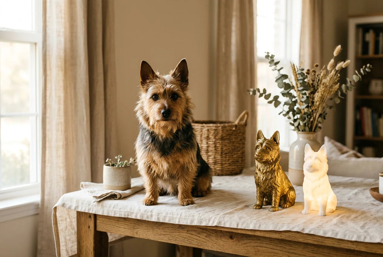 Australian Terrier dog in a warm editorial interior with handcrafted sculpture and luminary