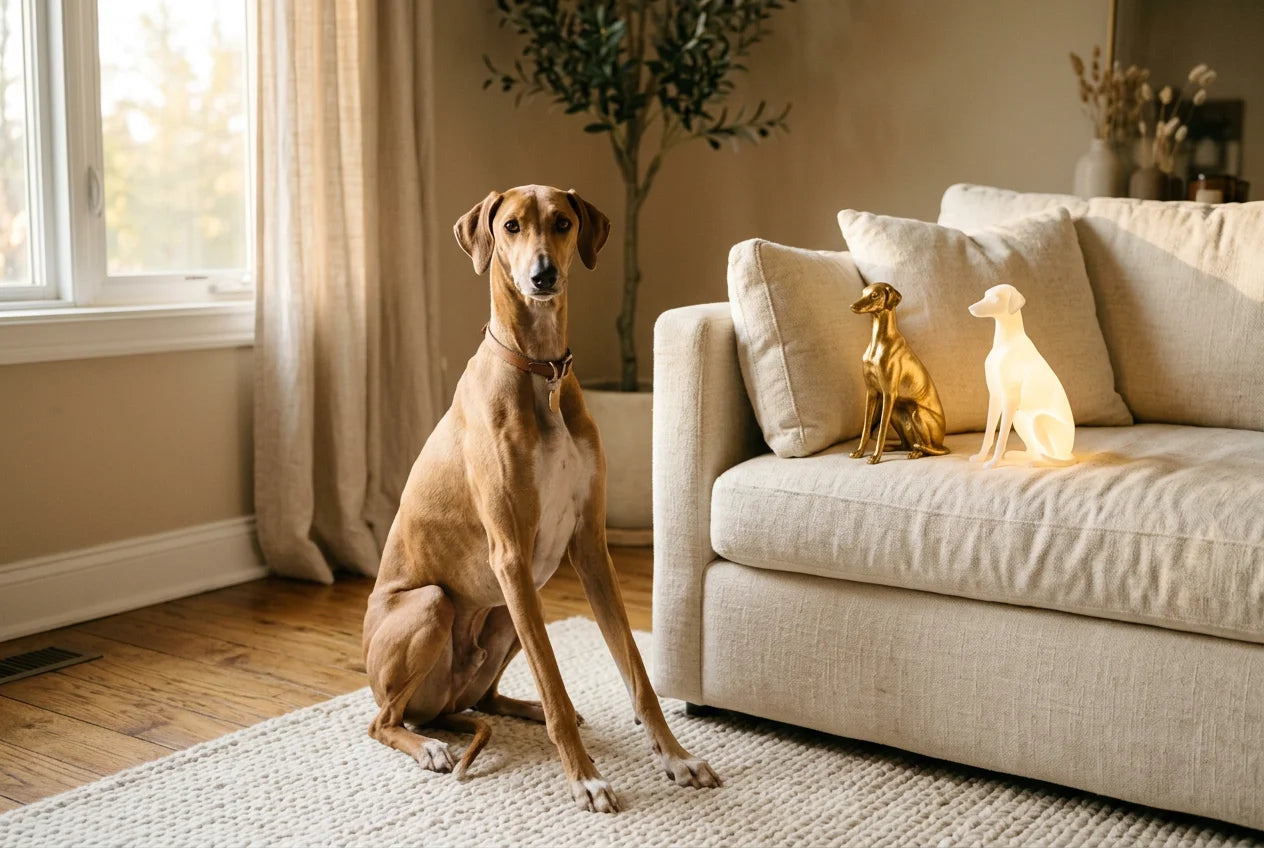 Azawakh dog in a warm editorial interior with handcrafted sculpture and luminary