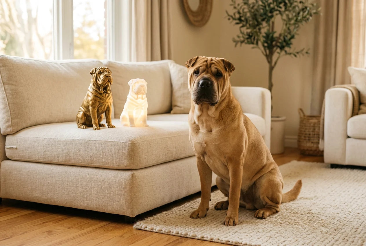 Ba-Shar dog in a warm editorial interior with handcrafted sculpture and luminary
