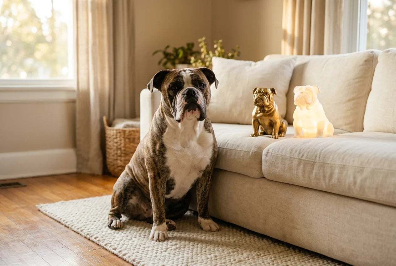 Banter Bulldogge dog in a warm editorial interior with handcrafted sculpture and luminary