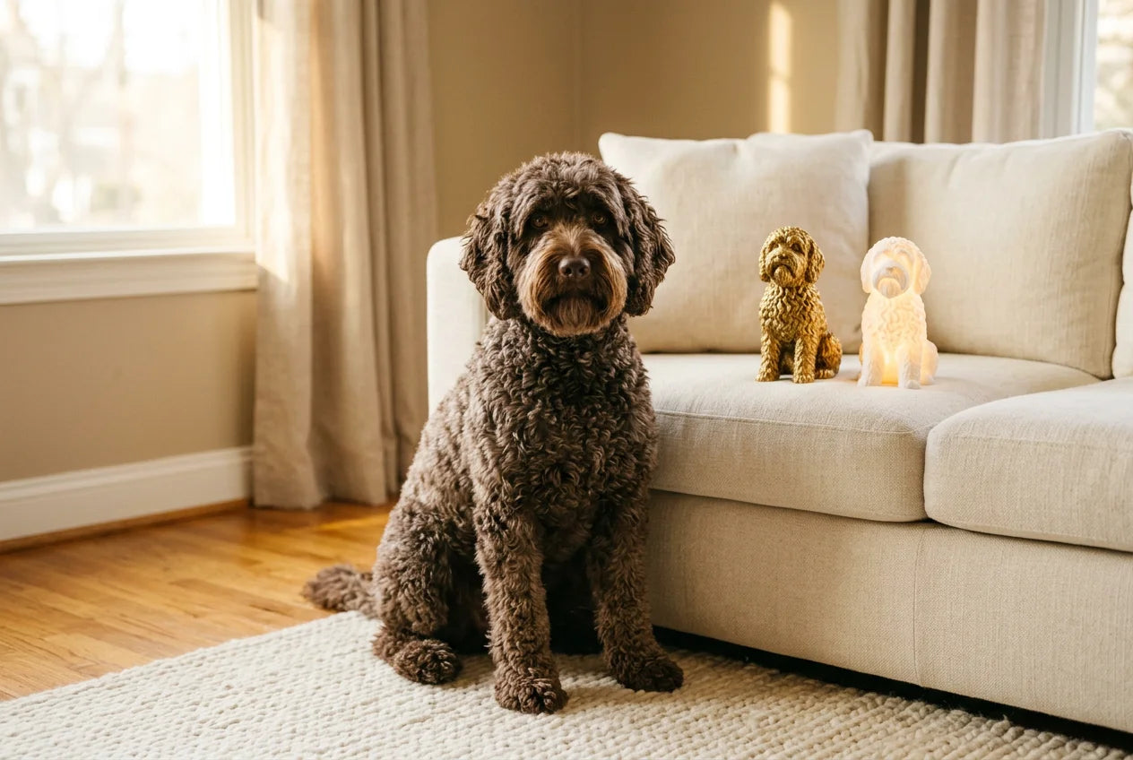 Barbet dog in a warm editorial interior with handcrafted sculpture and luminary