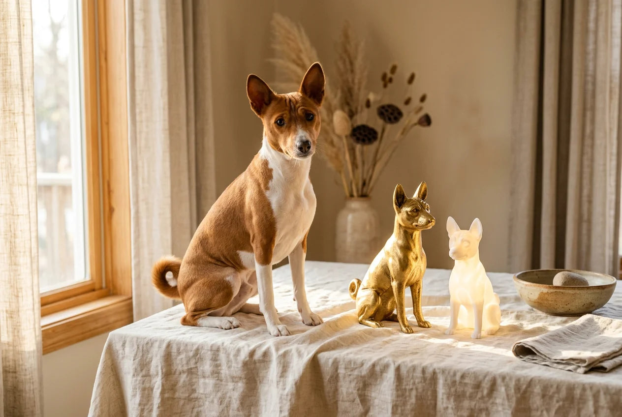 Basenji dog in a warm editorial interior with handcrafted sculpture and luminary
