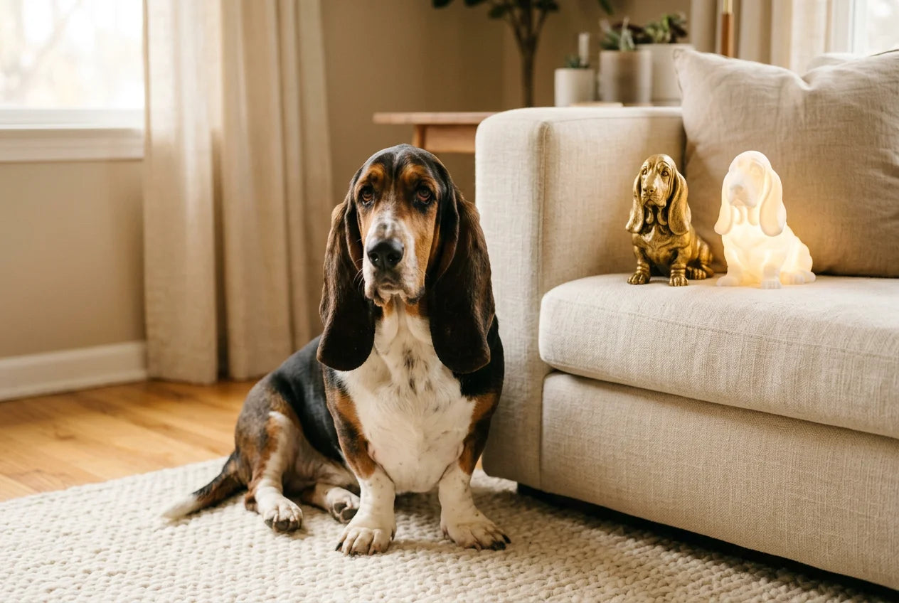 Basset Hound dog in a warm editorial interior with handcrafted sculpture and luminary