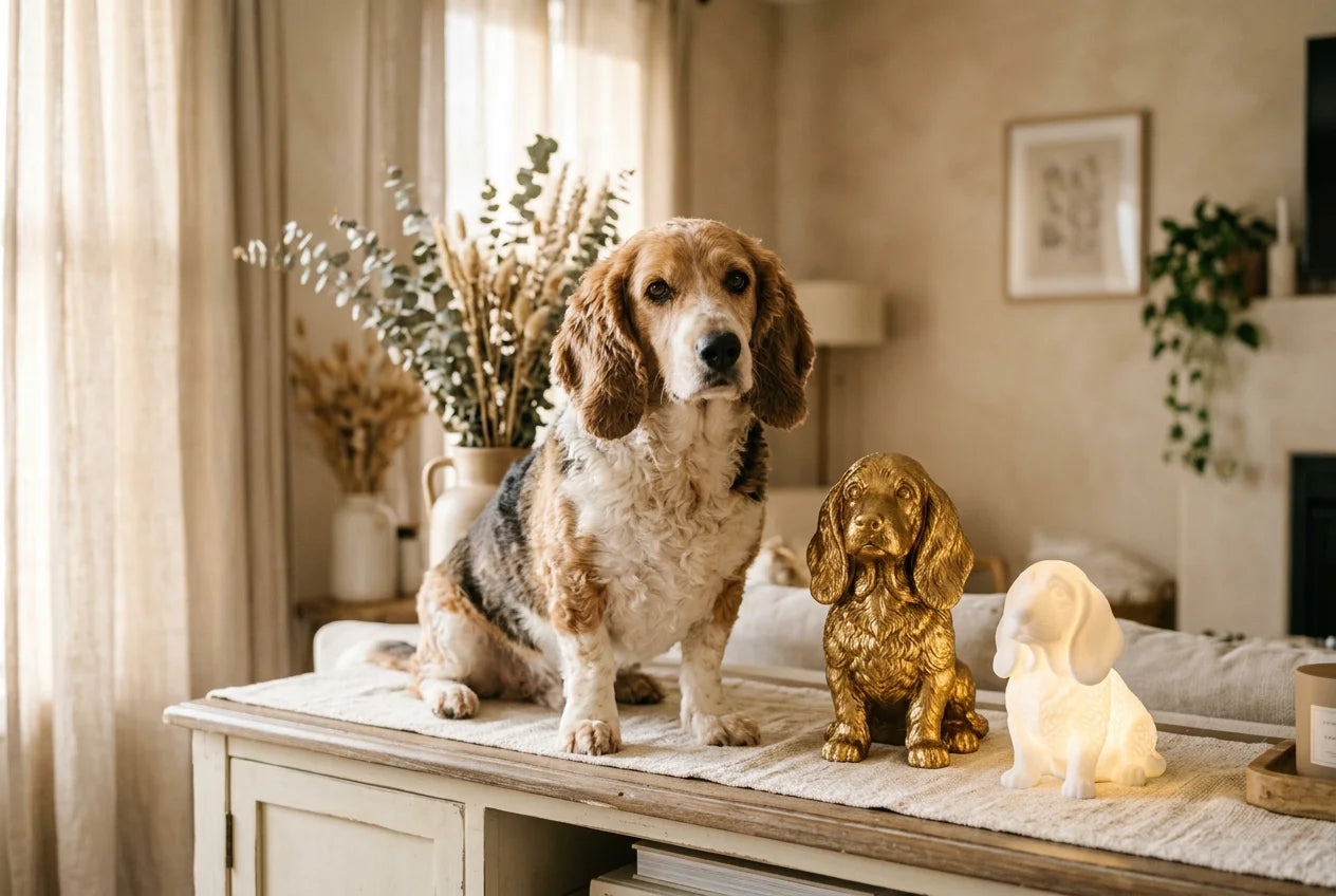 Bassetoodle dog in a warm editorial interior with handcrafted sculpture and luminary
