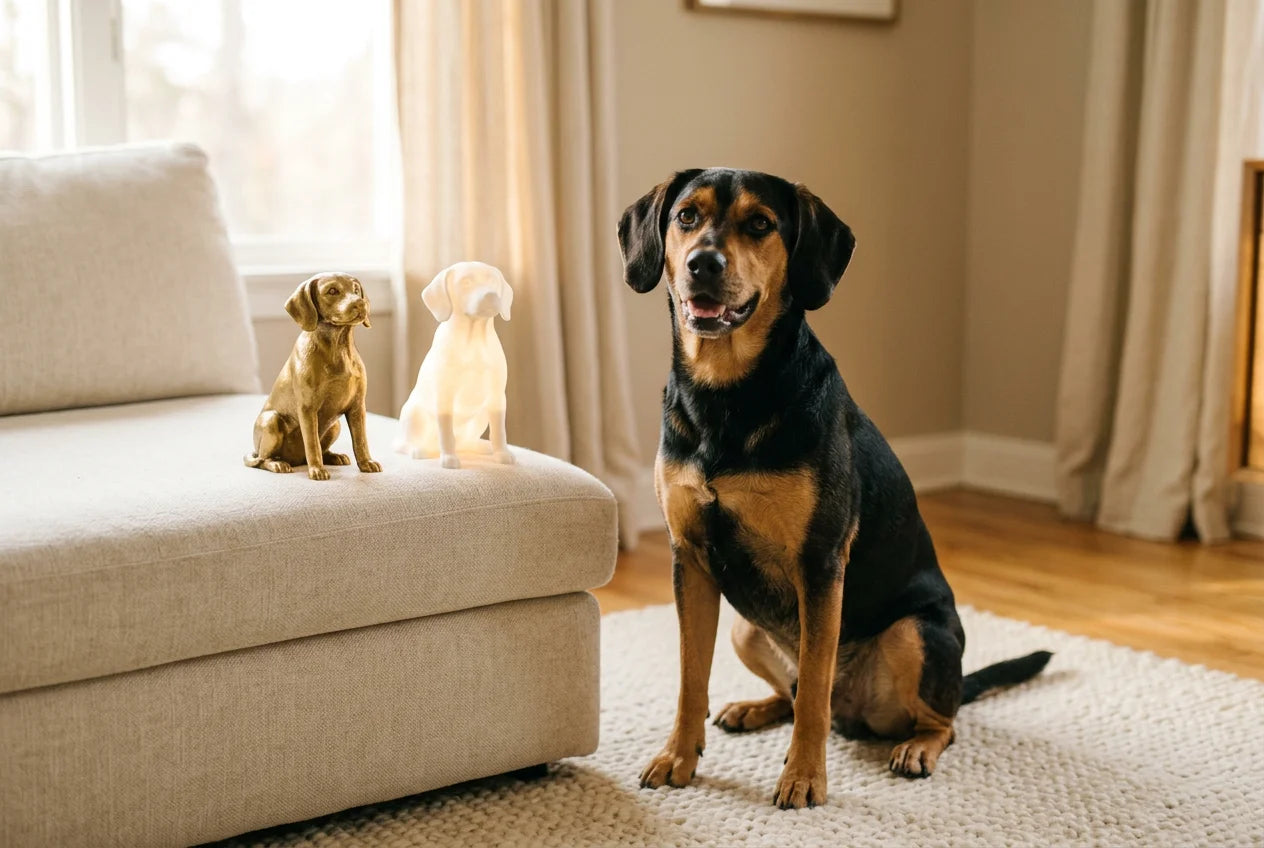 Beagador dog in a warm editorial interior with handcrafted sculpture and luminary
