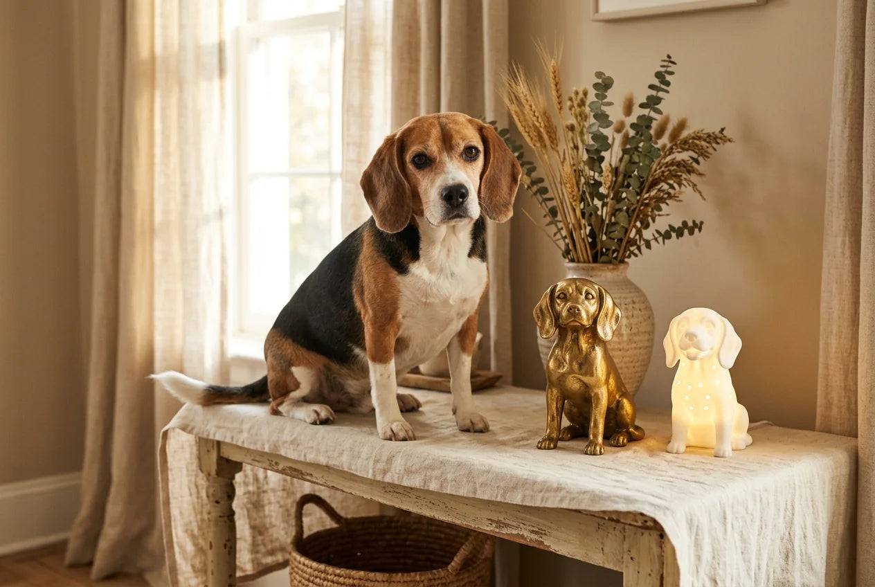 Beagle dog in a warm editorial interior with handcrafted sculpture and luminary