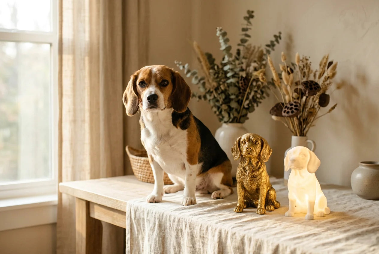 Beaglier dog in a warm editorial interior with handcrafted sculpture and luminary