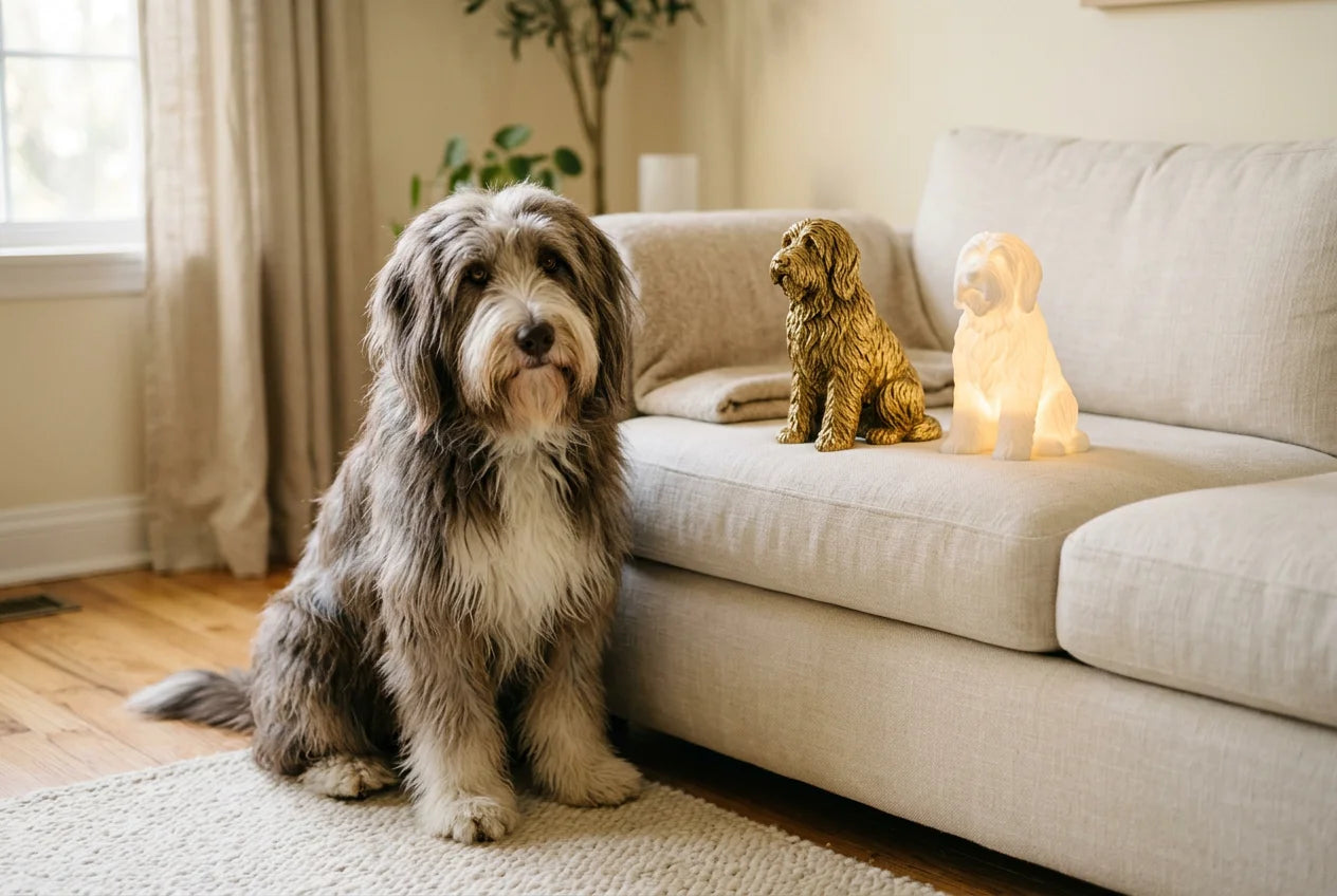 Bearded Collie dog in a warm editorial interior with handcrafted sculpture and luminary