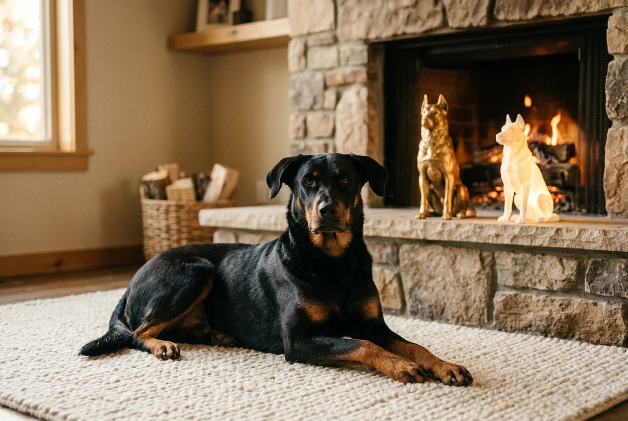 Beauceron dog in a warm editorial interior with handcrafted sculpture and luminary