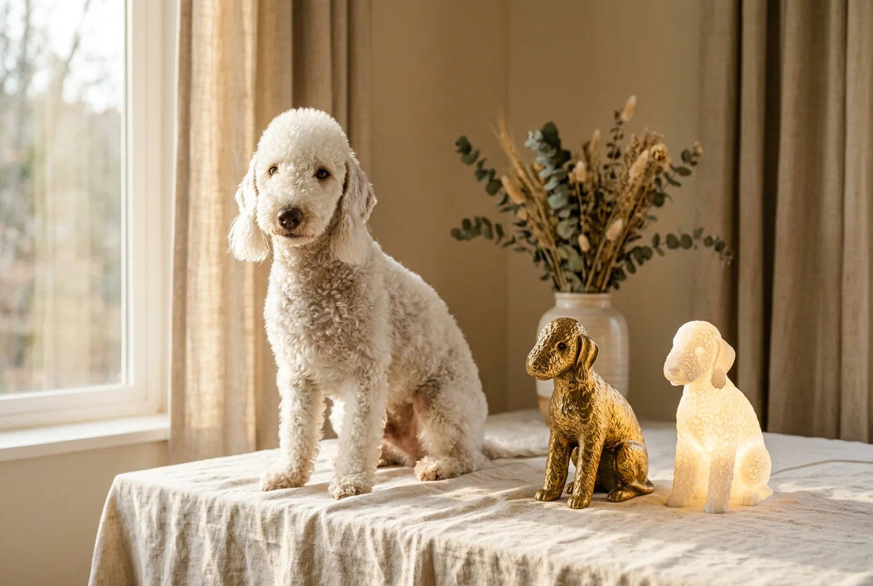 Bedlington Terrier dog in a warm editorial interior with handcrafted sculpture and luminary