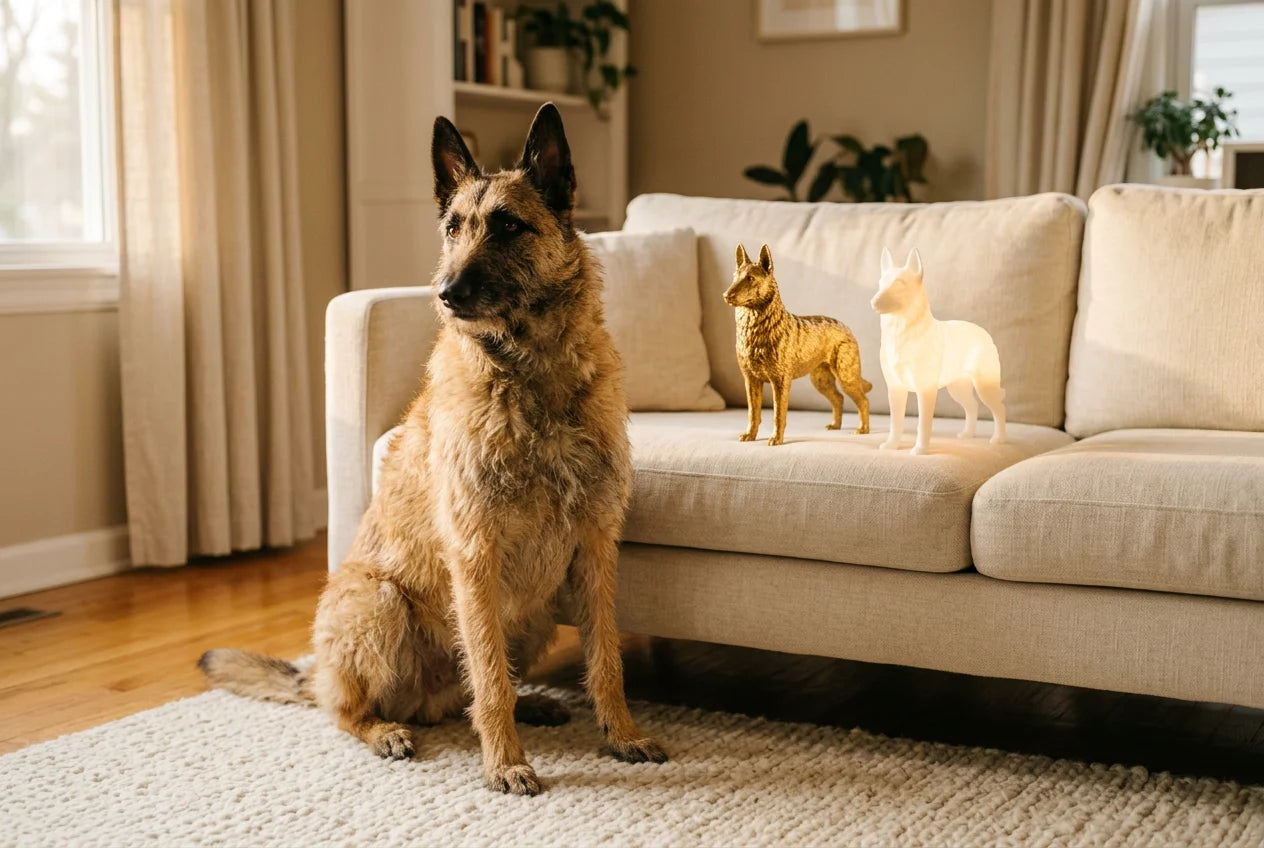 Belgian Laekenois dog in a warm editorial interior with handcrafted sculpture and luminary
