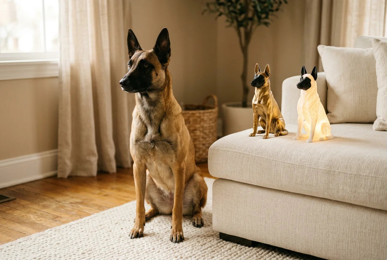 Belgian Malinois dog in a warm editorial interior with handcrafted sculpture and luminary