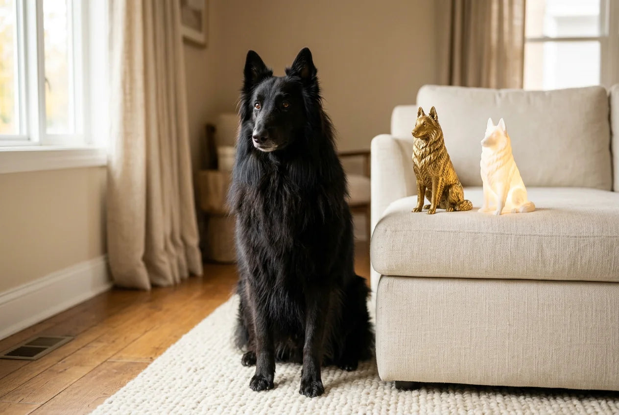 Belgian Sheepdog dog in a warm editorial interior with handcrafted sculpture and luminary