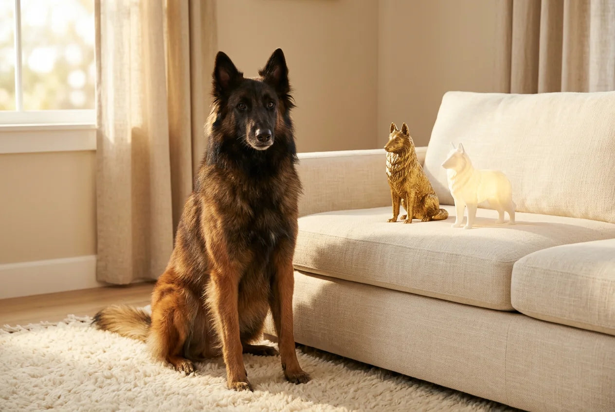 Belgian Tervuren dog in a warm editorial interior with handcrafted sculpture and luminary