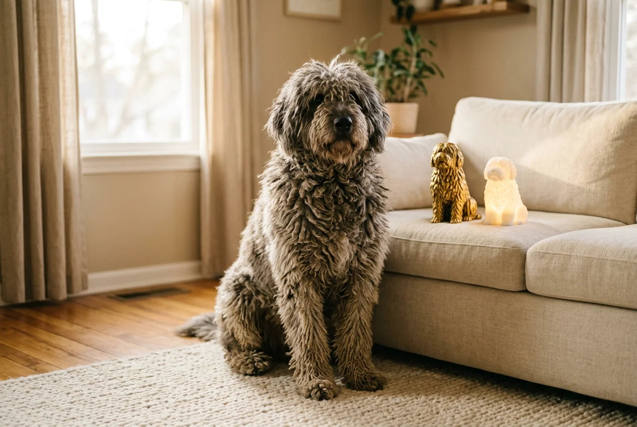 Bergamasco dog in a warm editorial interior with handcrafted sculpture and luminary
