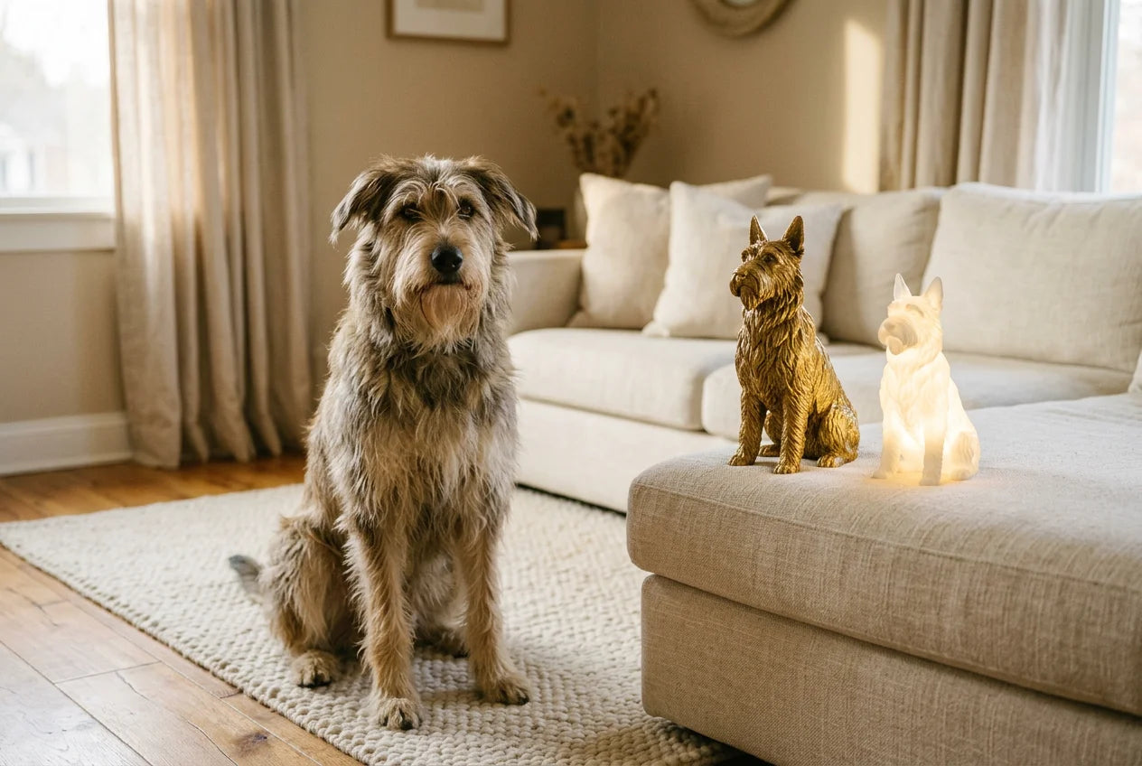 Berger Picard dog in a warm editorial interior with handcrafted sculpture and luminary
