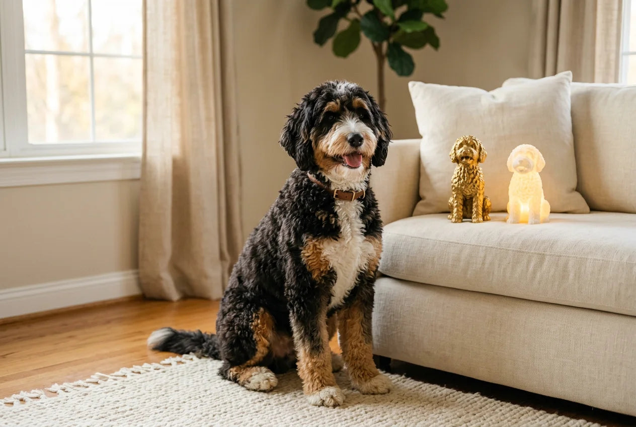 Bernedoodle dog in a warm editorial interior with handcrafted sculpture and luminary