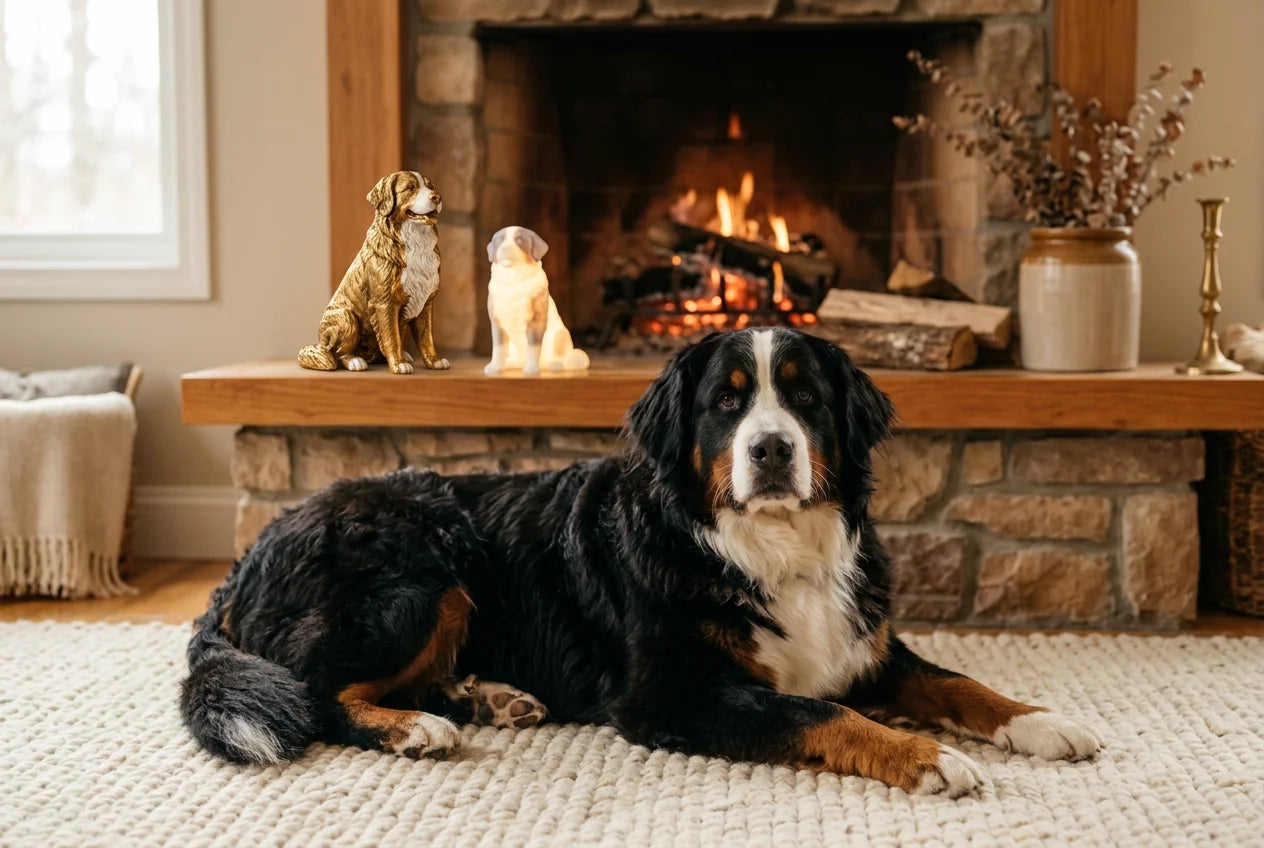 Bernese Mountain Dog dog in a warm editorial interior with handcrafted sculpture and luminary