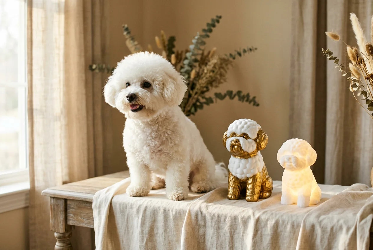 Bichon Frise dog in a warm editorial interior with handcrafted sculpture and luminary