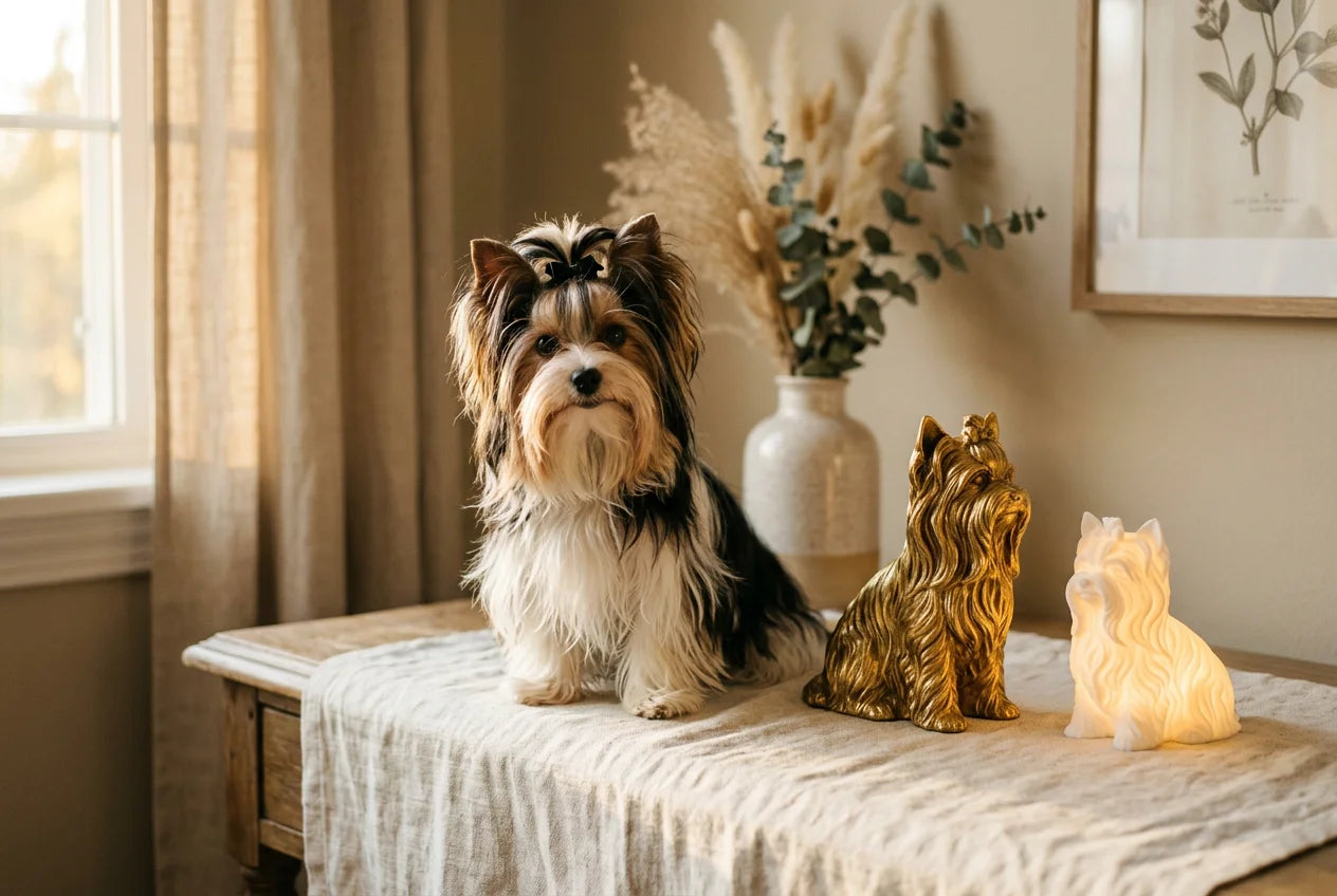 Biewer Terrier dog in a warm editorial interior with handcrafted sculpture and luminary