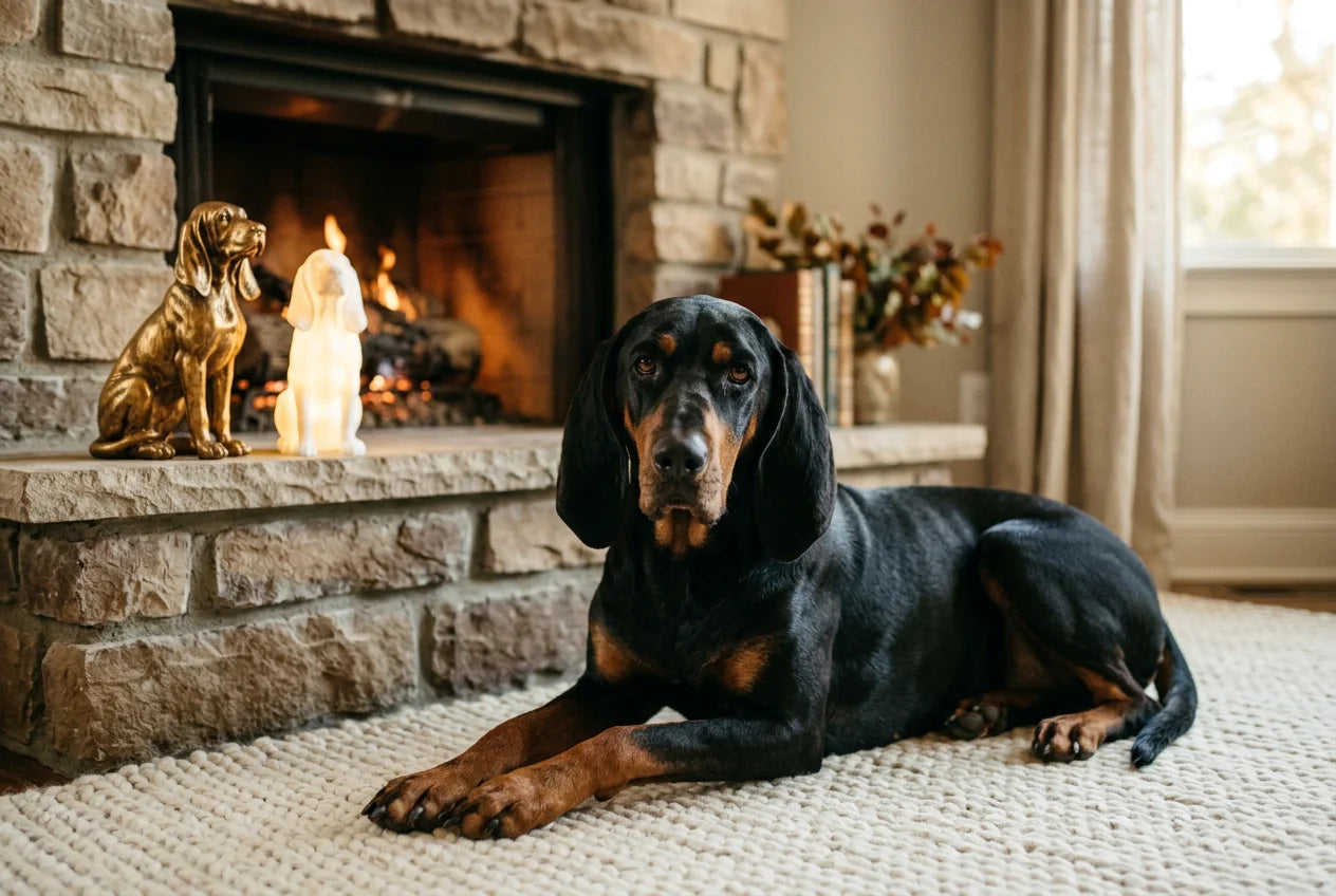 Black and Tan Coonhound dog in a warm editorial interior with handcrafted sculpture and luminary
