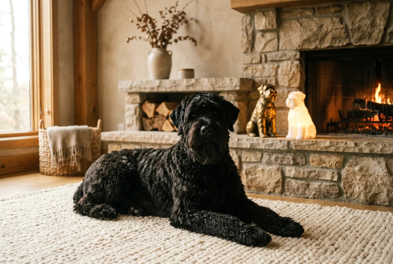 Black Russian Terrier dog in a warm editorial interior with handcrafted sculpture and luminary